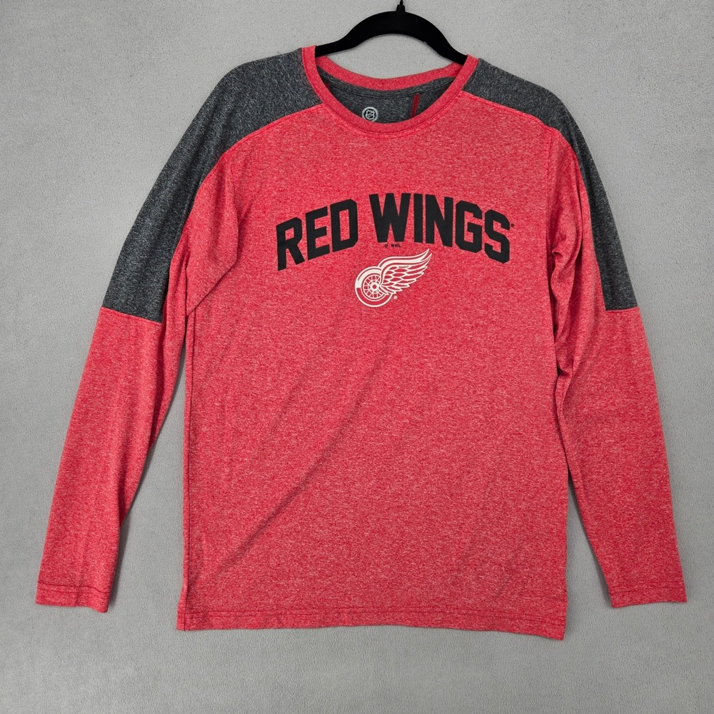 NHL Detroit Red Wings Mens Medium Long Sleeve Shirt Heathered Red Gray Raglan